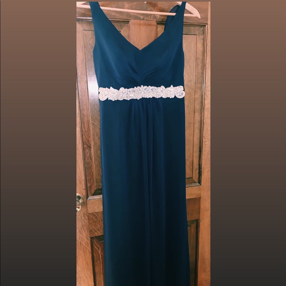 Navy David Bridal dress.
